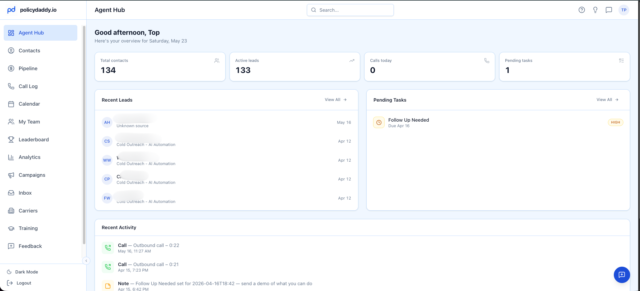 Policy Daddy Agent Hub showing leads, tasks, and activity overview